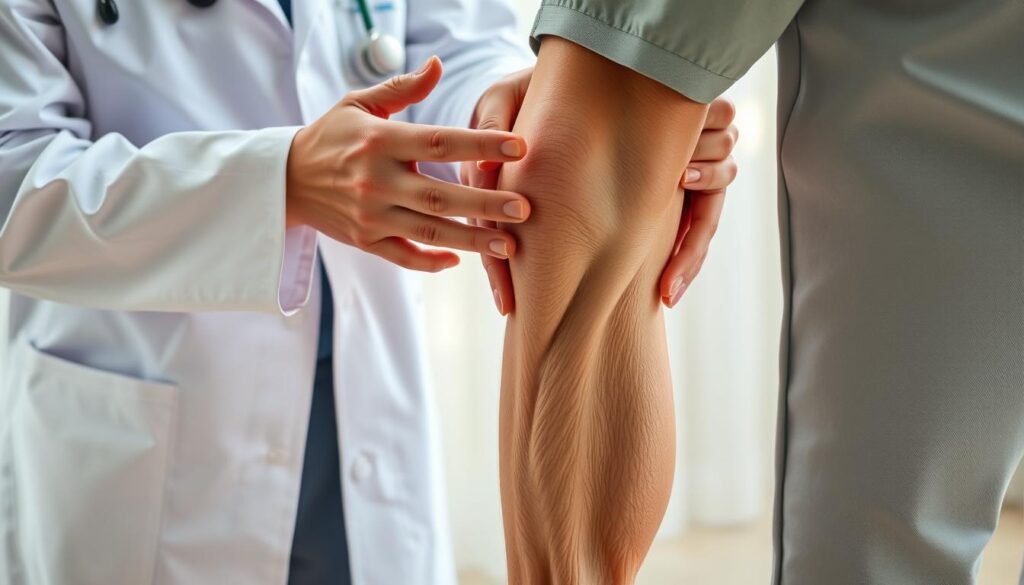 A clinical examination of a patient's knee, with the healthcare professional thoroughly assessing range of motion, joint stability, and any signs of swelling or tenderness. The image should be captured from an angle that showcases the interaction between the doctor and patient, with the doctor's hands gently manipulating the patient's knee. Soft, natural lighting illuminates the scene, creating a calming, empathetic atmosphere. The background should be subtly blurred, keeping the focus on the detailed examination process. Subtle lines and textures should be visible, conveying the professionalism and care of the medical assessment.