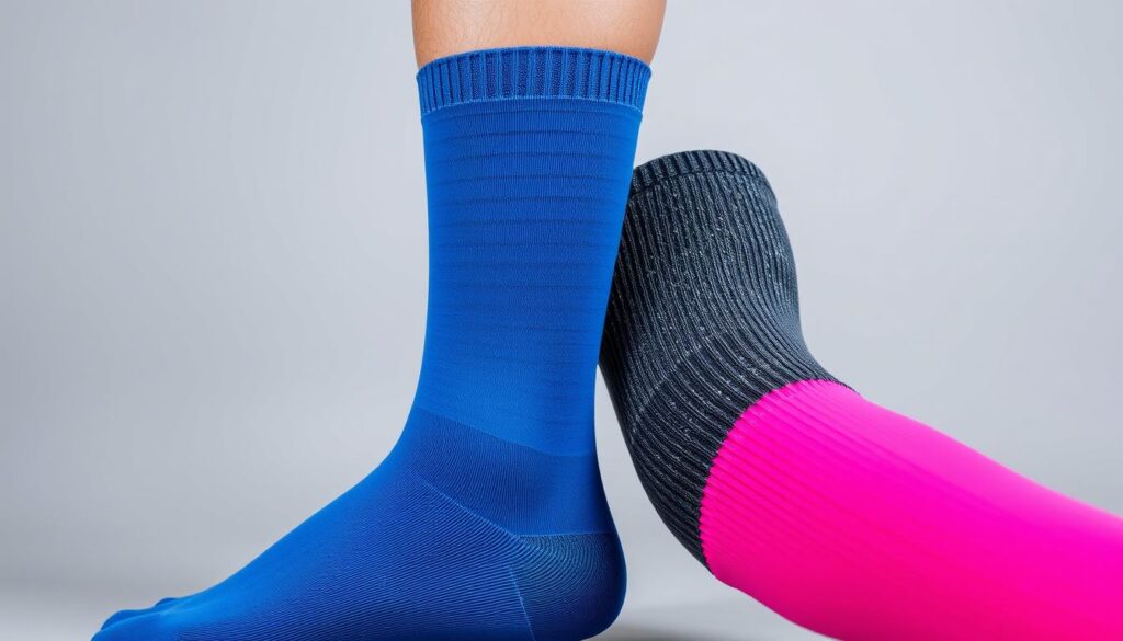 A close-up comparison of compression socks and knee sleeves, set against a neutral gray background. The compression socks are shown in a vibrant, solid color, while the knee sleeves have a more textured, knitted appearance. The lighting is soft and even, highlighting the subtle differences in fabric and construction between the two products. The perspective is slightly angled, giving a sense of depth and dimensionality to the scene. The overall mood is clean, clinical, and focused, allowing the viewer to closely examine the key features that distinguish compression socks from knee sleeves.