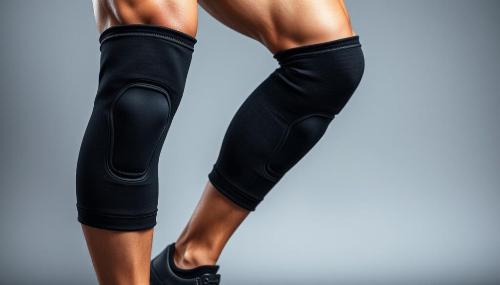 A close-up view of a pair of high-quality, black knee sleeves for powerlifting. The sleeves are made of a thick, durable neoprene material with strategic compression panels. They are positioned on a muscular, male leg against a plain, gray background, creating a clean, minimalist composition. The lighting is soft and even, highlighting the textural details of the sleeves and the defined contours of the leg. The angle is slightly elevated, providing an authoritative, technical perspective that showcases the protective and supportive nature of the knee sleeves for serious powerlifting training and competition.