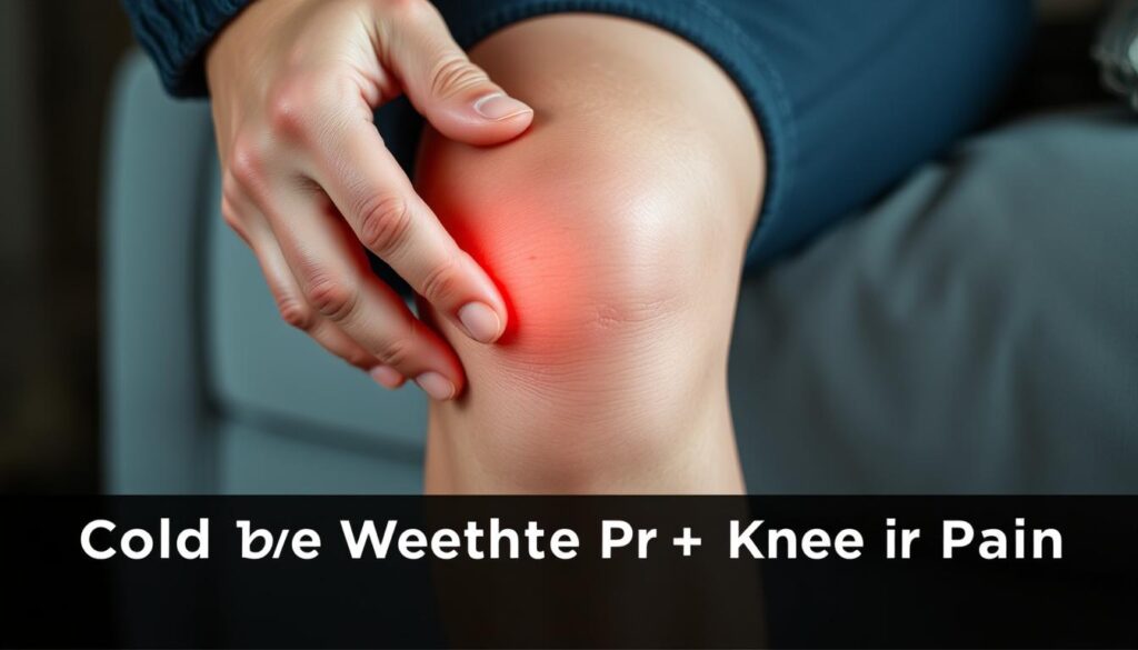 A close-up view of a person's knee, showing the characteristic symptoms of cold weather knee pain. The knee is swollen, slightly reddened, and the person is gently touching it with their hand, indicative of tenderness and discomfort. The lighting is soft and flattering, providing clear details of the knee's appearance. The background is blurred, keeping the focus on the knee. The overall mood is one of concern and a desire to understand the underlying causes of the pain. The image should convey a sense of empathy and a need to address the issue effectively.