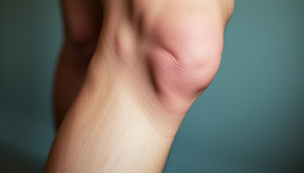 A close-up view of a person's knee, showing the joint and the surrounding area. The skin is flushed and slightly swollen, indicating inflammation. Subtle discoloration and tension in the muscles and tendons around the kneecap suggest strain and irritation. The lighting is soft and diffused, casting gentle shadows that accentuate the contours of the joint. The background is blurred, keeping the focus on the knee and the signs of discomfort. The overall mood is one of mild distress and discomfort, reflecting the subject of knee pain from stand-up paddleboarding.