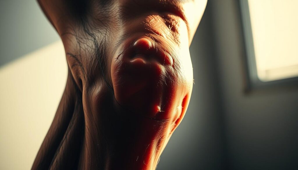 A close-up view of an inflamed, swollen human knee joint, with a detailed rendering of the underlying tissue and capillaries. The skin appears slightly reddened and the joint is visibly puffy, indicating the presence of inflammation. Dramatic, high-contrast lighting from the side casts dramatic shadows, highlighting the textural details. The background is blurred, keeping the focus on the knee. The overall mood is clinical yet visually striking, conveying the discomfort and impact of dietary inflammation on the joint.