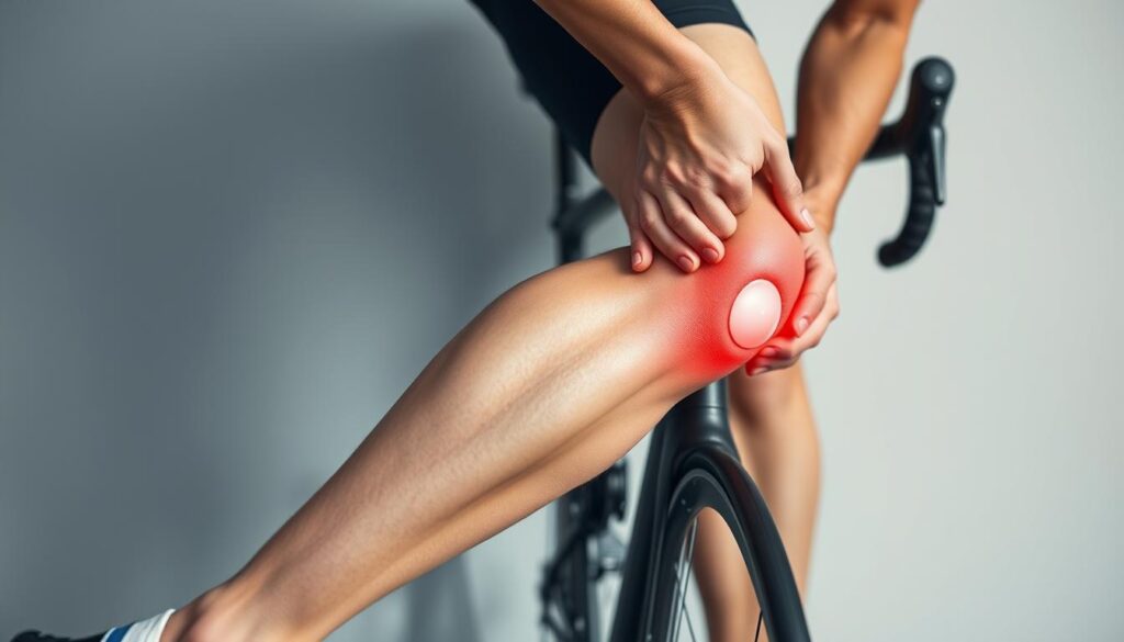 A cyclist experiences acute knee pain, their leg extended against a plain background. The joint is highlighted, with detailed anatomical structures visible, such as the patella, cartilage, and tendons. The lighting is soft and natural, casting gentle shadows that emphasize the contours of the knee. The image conveys a sense of tension and discomfort, inviting the viewer to empathize with the cyclist's physical struggle. The overall composition is clean and focused, drawing the eye directly to the affected area.