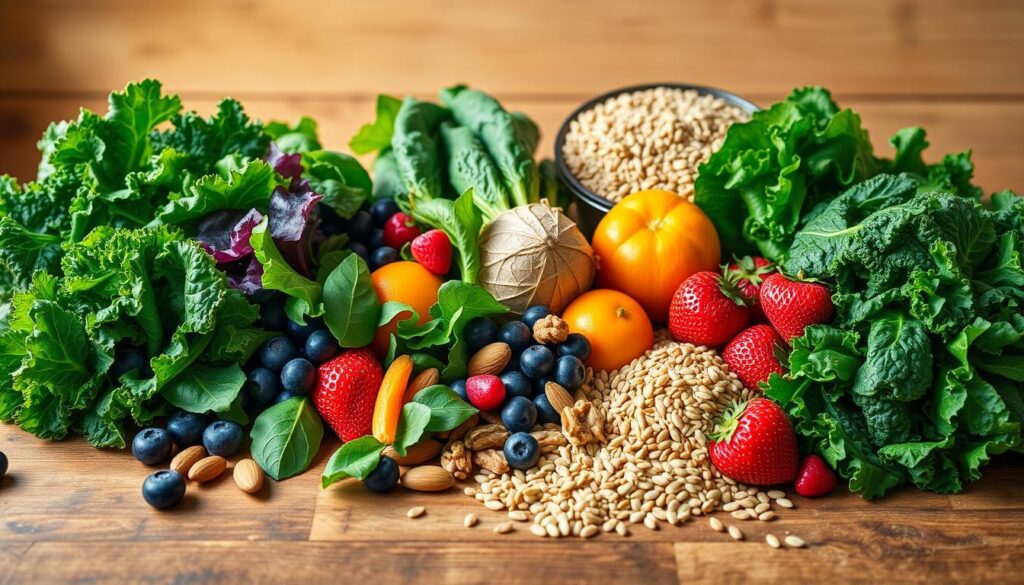 A delectable array of vibrant vegan foods arranged on a rustic wooden table, bathed in warm, natural lighting. In the foreground, an assortment of leafy greens, including kale, spinach, and collard greens, known for their anti-inflammatory properties. Alongside, a selection of colorful fruits such as blueberries, strawberries, and oranges, rich in antioxidants and vitamins that support joint health. In the middle ground, a variety of nuts and seeds, including almonds, walnuts, and chia seeds, providing essential fatty acids and minerals. In the background, a mix of hearty whole grains, such as quinoa and brown rice, complementing the scene with their earthy tones. The overall composition conveys a sense of balance, nourishment, and a commitment to a vegan lifestyle that promotes healthy, strong knees. A delectable array of vibrant vegan foods arranged on a rustic wooden table, bathed in warm, natural lighting. In the foreground, an assortment of leafy greens, including kale, spinach, and collard greens, known for their anti-inflammatory properties. Alongside, a selection of colorful fruits such as blueberries, strawberries, and oranges, rich in antioxidants and vitamins that support joint health. In the middle ground, a variety of nuts and seeds, including almonds, walnuts, and chia seeds, providing essential fatty acids and minerals. In the background, a mix of hearty whole grains, such as quinoa and brown rice, complementing the scene with their earthy tones. The overall composition conveys a sense of balance, nourishment, and a commitment to a vegan lifestyle that promotes healthy, strong knees.