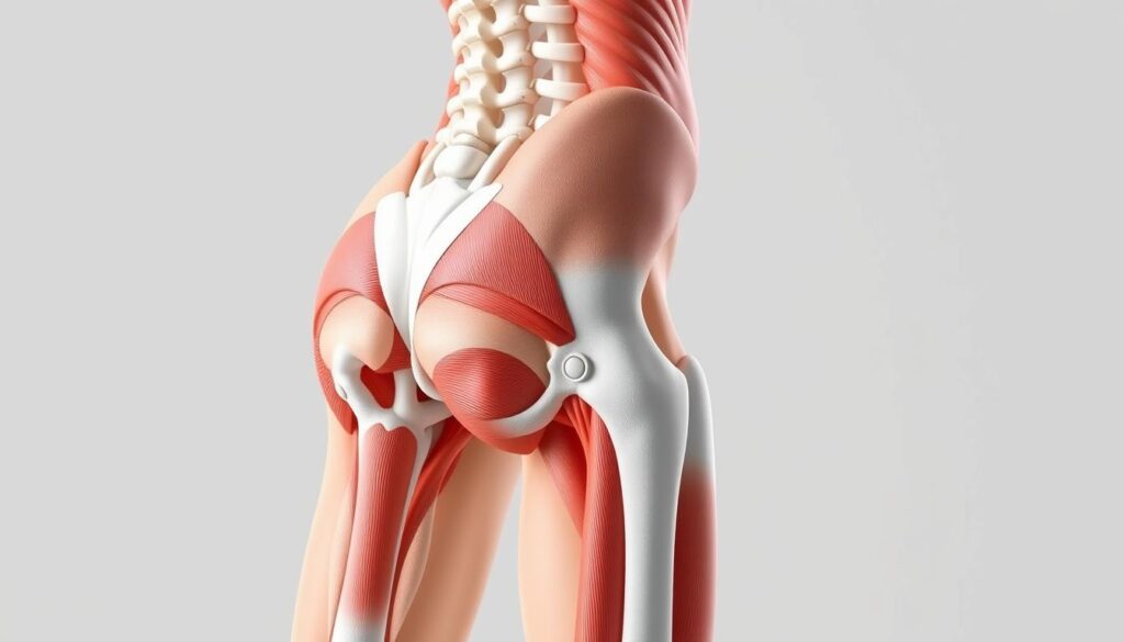 A detailed anatomical illustration of the hip flexor muscles, rendered with precision and clarity. The image depicts the iliopsoas muscle complex, including the iliacus and psoas major, highlighted against a neutral background. The muscles are shown in a neutral position, with a focus on the key attachment points at the lumbar spine, anterior pelvis, and upper femur. The illustration is rendered with a realistic, semi-transparent style, allowing the viewer to clearly see the three-dimensional structure and positioning of the muscles. Soft, even lighting from the side creates depth and volume, while a clean, clinical atmosphere conveys the informative nature of the image.