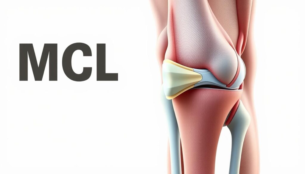 A detailed anatomical illustration of the medial collateral ligament (MCL) in the human knee joint, rendered in highly realistic medical illustration style. The MCL is prominently featured in the center foreground, shown with its characteristic fan-like structure and attachments to the femur and tibia. The surrounding musculature, tendons, and bony landmarks are clearly visible, allowing for a comprehensive understanding of the MCL's anatomical context. The lighting is soft and directional, creating subtle shadows that enhance the three-dimensional form. The background is minimalist, with a plain, neutral color palette to avoid distractions and focus the viewer's attention on the MCL structure. The overall tone is educational and informative, suitable for use in a medical article on knee instability.