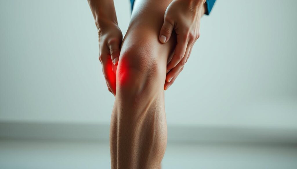 A detailed close-up examination of a person's knee, illuminated by soft, natural lighting that highlights the contours and textures of the joint. The image should convey a sense of clinical assessment, with the knee positioned prominently in the frame, surrounded by a clean, minimalist background that allows the viewer to focus on the evaluation process. The lighting should be directed to create a sense of depth and dimension, emphasizing the structure and mechanics of the knee. The overall mood should be one of professional, objective analysis, conveying the importance of accurately assessing knee pain and discomfort.