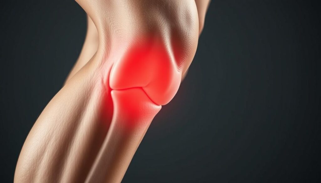 A detailed close-up of a human knee joint, showing the key anatomical structures involved in knee pain after hiking downhill. The knee is captured in a mid-range perspective, with a soft, diffuse lighting that accentuates the contours and highlights the areas of discomfort. The skin tone is realistic, and the joint appears slightly swollen, with a reddish hue indicating inflammation. The background is blurred, creating a sense of focus on the knee itself. The overall mood is one of a clinical, yet empathetic examination, conveying the subject's discomfort and the need for understanding the underlying causes. A detailed close-up of a human knee joint, showing the key anatomical structures involved in knee pain after hiking downhill. The knee is captured in a mid-range perspective, with a soft, diffuse lighting that accentuates the contours and highlights the areas of discomfort. The skin tone is realistic, and the joint appears slightly swollen, with a reddish hue indicating inflammation. The background is blurred, creating a sense of focus on the knee itself. The overall mood is one of a clinical, yet empathetic examination, conveying the subject's discomfort and the need for understanding the underlying causes.