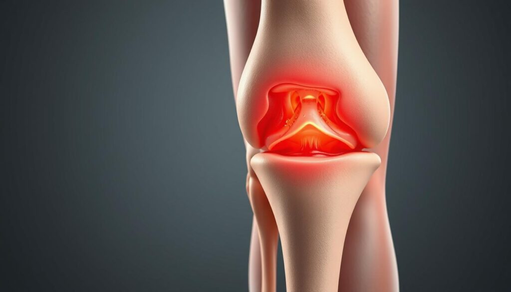 A detailed cross-section of a human knee joint, showcasing the underlying damage and inflammation caused by post-COVID complications. Crisp, anatomical rendering with precise detail, highlighting the cartilage erosion, synovial thickening, and bone spurs. Muted, clinical color palette emphasizes the pathological nature of the joint. Soft, diffused lighting illuminates the complex, intricate structures, while a shallow depth of field isolates the affected area. Convey a sense of subtle unease and the need for medical intervention, without being overly graphic or disturbing.