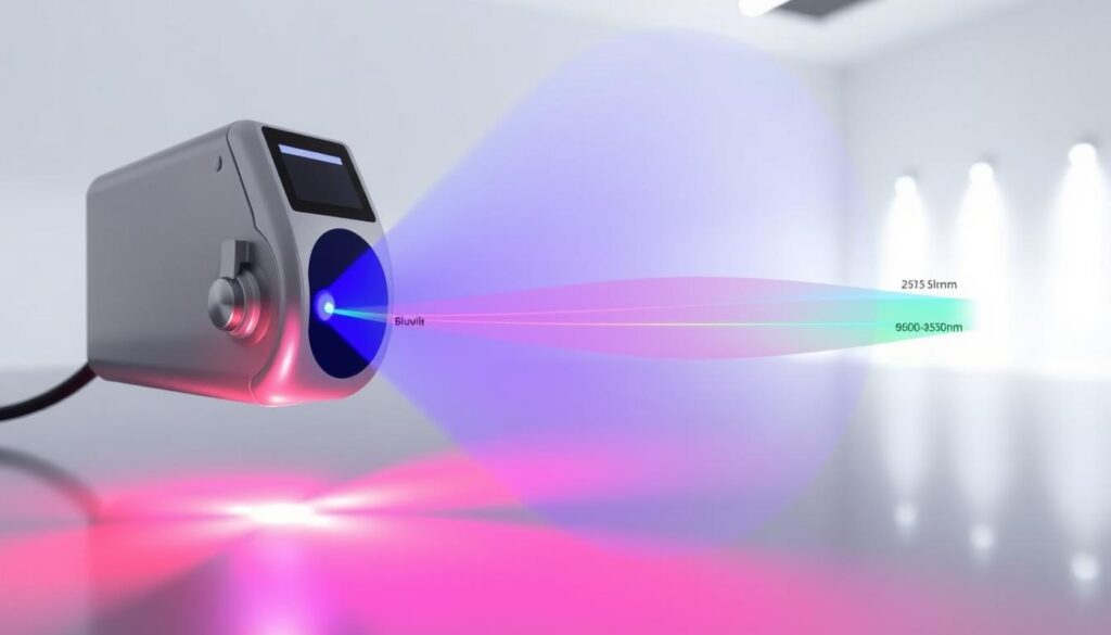 A detailed diagram showcasing the distinct wavelengths of cold laser therapy, with a crisp, scientific aesthetic. In the foreground, a focused beam of blue-violet light (650-850nm) emanates from a sleek, metallic medical device, casting a soft glow. The middle ground features a spectrum of colored laser beams, each representing a specific therapeutic wavelength, neatly arranged and labeled. The background depicts a minimalist, white laboratory setting, with clean lines and subtle shadows, emphasizing the precision and clinical nature of the technology. The overall scene conveys a sense of technological sophistication and medical innovation, perfectly suited to illustrate the science behind cold laser therapy.
