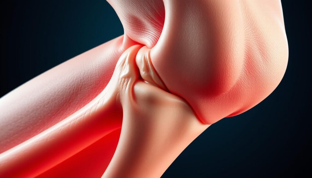 A detailed, high-resolution close-up of the knee joint, showcasing the classic signs of osteoarthritis. The joint space is narrowed, with visible osteophytes (bone spurs) forming along the edges of the bones. The cartilage appears worn and degraded, with uneven surfaces and potential subchondral sclerosis. Illuminated from the side to accentuate the textural details, with a shallow depth of field to keep the focus on the affected joint. Rendered in a clinical, informative style, conveying the structural changes associated with this degenerative condition.