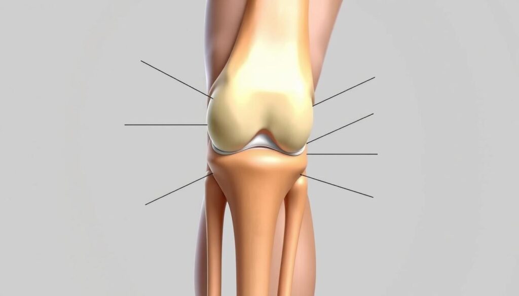 A detailed, high-resolution image of a human knee joint, showing the anatomy and ligaments in an informative, medical illustration style. The joint is depicted in a neutral position, with a clear view of the patella, femur, tibia, and key ligaments such as the anterior cruciate, posterior cruciate, and medial and lateral collateral ligaments. The image is rendered with realistic lighting, creating depth and volume, and it is shot from a slightly angled, three-quarter view to provide optimal visibility. The overall tone is clinical yet aesthetically pleasing, designed to educate the viewer about the structure and function of the knee joint.
