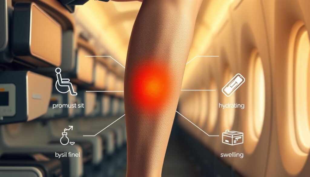 A detailed illustration of common risk factors for knee pain after flying, captured in a clean, minimalist style. In the foreground, a person's lower leg is prominently featured, showcasing the knee joint from various angles. The middle ground highlights key risk factors such as prolonged sitting, dehydration, and swelling, using simple yet informative icons and subtle labels. The background features a softly blurred airplane cabin interior, conveying the travel-related context. The lighting is warm and natural, creating a calming, educational atmosphere. The composition is well-balanced, guiding the viewer's attention to the essential information. The overall aesthetic is designed to complement the article's professional, informative tone.