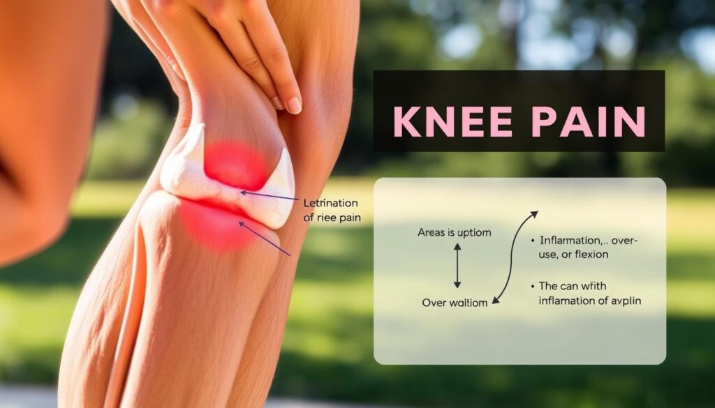 A detailed illustration of the common causes of knee pain when bending, captured with a wide-angle lens in natural sunlight. The foreground features a close-up view of a human knee joint, showcasing the complex anatomical structures such as tendons, ligaments, and cartilage. The middle ground reveals a labeled diagram highlighting the specific areas prone to inflammation, overuse, or injury, which can contribute to the sensation of knee pain during flexion. The background provides a serene, blurred context, emphasizing the focus on the medical information. The overall mood is informative and objective, guiding the viewer's understanding of the underlying mechanisms behind this particular knee condition.