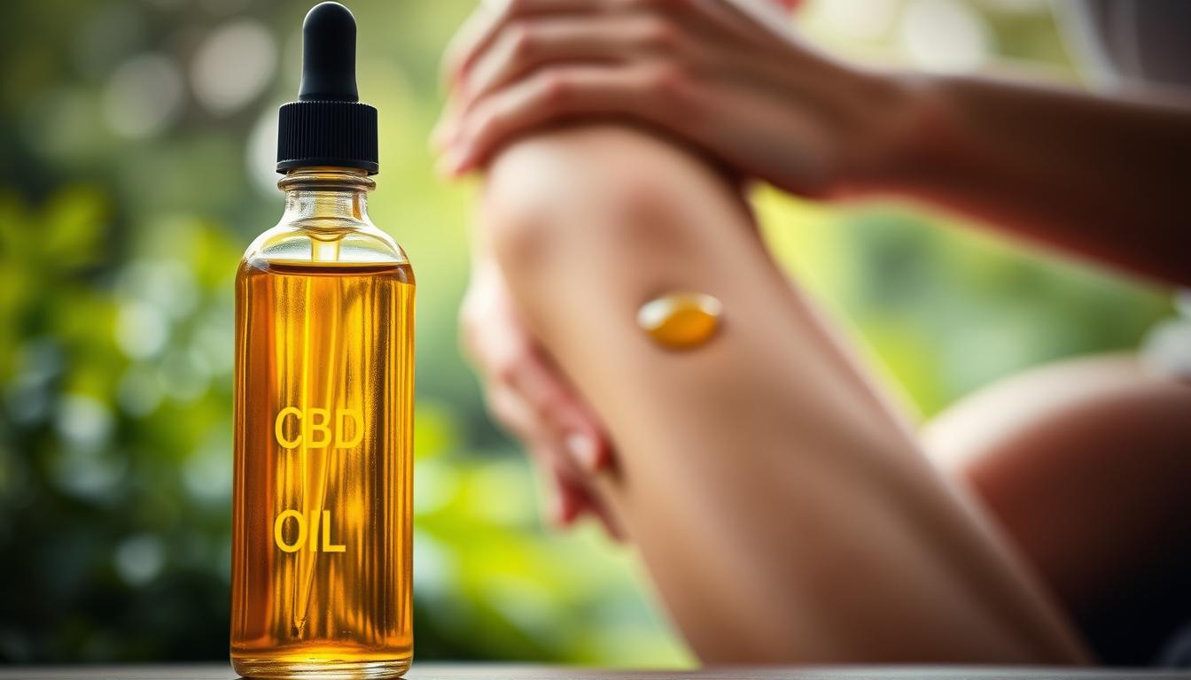 A glass bottle filled with golden CBD oil stands in the foreground, casting a warm glow. In the middle ground, a hand gently massages the oil into a knee, the skin illuminated by soft, diffused lighting. The background features a serene, natural setting with lush greenery and a calming, out-of-focus blur. The overall scene conveys a sense of soothing relief and natural well-being.
