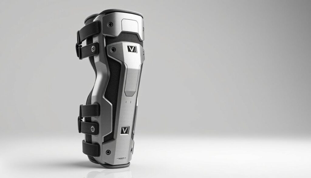 A highly detailed technical illustration of a sturdy knee brace design, with a sleek metallic frame in brushed silver tones. The brace is shown in a crisp, well-lit three-quarter view, showcasing its adjustable straps, reinforced hinges, and impact-absorbing padding. The background is a clean, neutral environment, allowing the brace's functional aesthetic to take center stage. The overall mood is one of practical reliability and industrial-grade durability, suitable for the rigors of construction work.