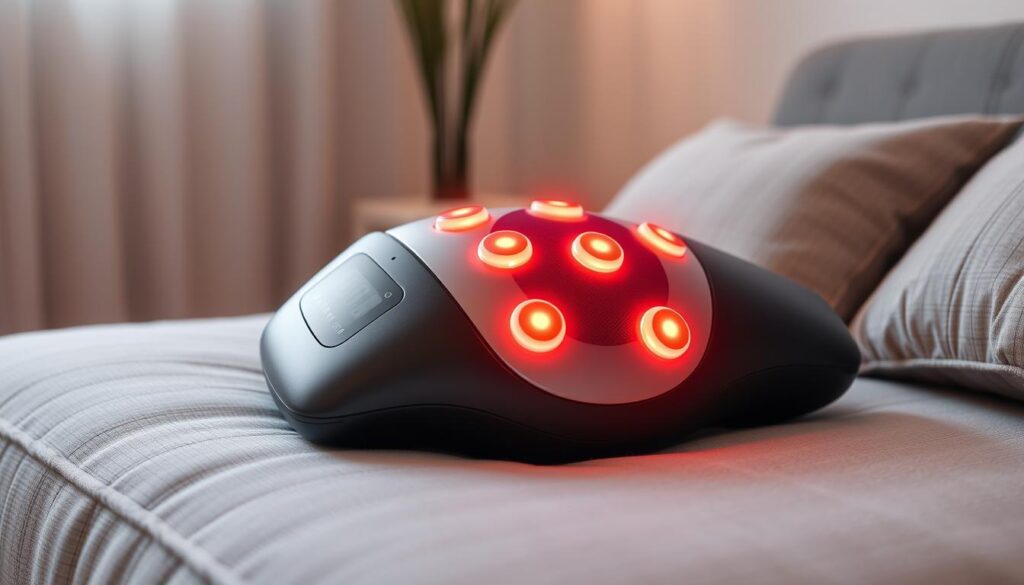 A knee massager with heat therapy, resting on a plush, orthopedic pillow. The device has a sleek, modern design with brushed metal accents and a digital display. Soft, pulsing lights emanate from the massage nodes, creating a soothing, therapeutic atmosphere. The device is angled slightly, allowing for targeted relief on the knee joint. Soft, indirect lighting illuminates the scene, casting a gentle glow. The background is a serene, minimalist interior, with neutral tones and clean lines, emphasizing the device's functionality and ergonomic design. A knee massager with heat therapy, resting on a plush, orthopedic pillow. The device has a sleek, modern design with brushed metal accents and a digital display. Soft, pulsing lights emanate from the massage nodes, creating a soothing, therapeutic atmosphere. The device is angled slightly, allowing for targeted relief on the knee joint. Soft, indirect lighting illuminates the scene, casting a gentle glow. The background is a serene, minimalist interior, with neutral tones and clean lines, emphasizing the device's functionality and ergonomic design.