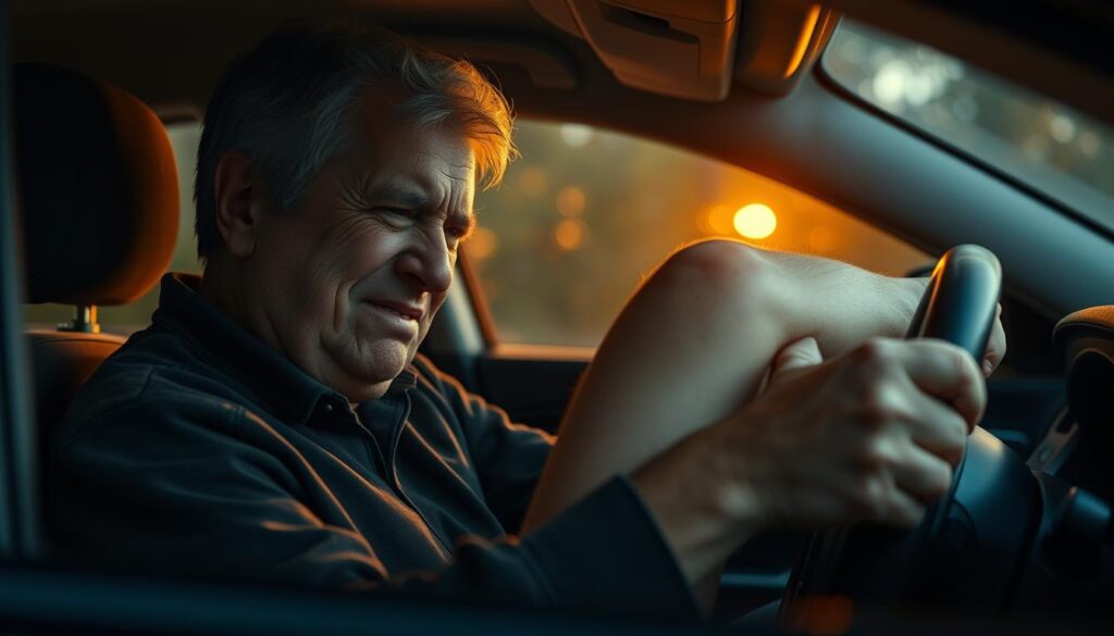 A middle-aged person seated in a car, gripping the steering wheel and wincing in pain as they experience a sharp, throbbing sensation in their knee. The car interior is dimly lit, with warm, golden light filtering through the windshield, creating a sense of discomfort and unease. The driver's face is contorted with discomfort, their eyebrows furrowed, and their mouth slightly open, reflecting the intensity of the knee pain. The perspective is from the driver's point of view, emphasizing the centrality of the knee in the frame and the driver's struggle to maintain control of the vehicle.