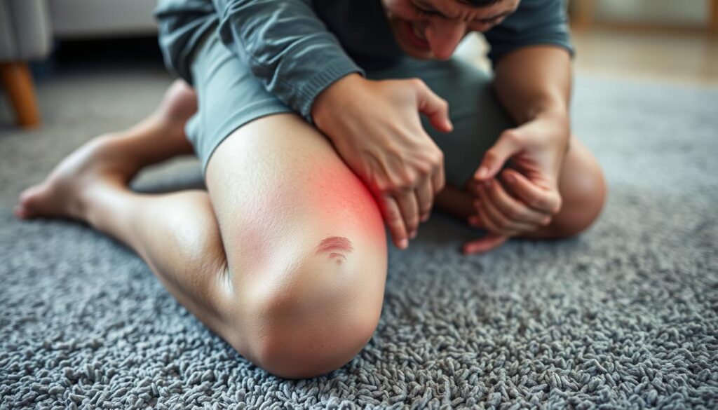 A person kneeling on a plush, gray carpet, grimacing in pain as they clutch their knee. The foreground shows the knee joint in close-up, swollen and reddened, with a slight bruise forming. The middle ground captures the person's pained expression, their face twisted with discomfort. The background is softly blurred, but reveals the texture of the carpeting, creating a sense of the environment. The lighting is soft and diffused, highlighting the details of the knee and the person's facial features. The overall mood is one of discomfort and concern, conveying the challenges of knee pain when kneeling on carpet.