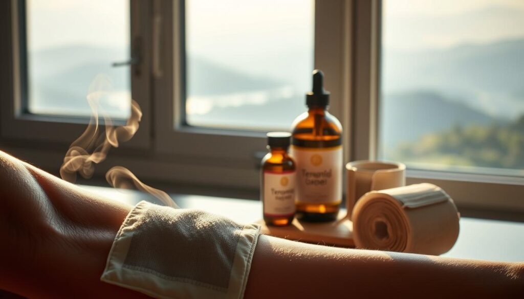 A serene, dimly lit scene showcasing various natural remedies for knee pain relief. In the foreground, a soothing herbal compress rests on a muscular knee, the steam gently rising. In the middle ground, a bottle of therapeutic essential oil and a roll of elastic bandage are neatly arranged. The background features a tranquil landscape, with soft lighting filtering through the window, creating a calming atmosphere. The composition emphasizes the simplicity and effectiveness of these natural treatments for post-yoga knee soreness.