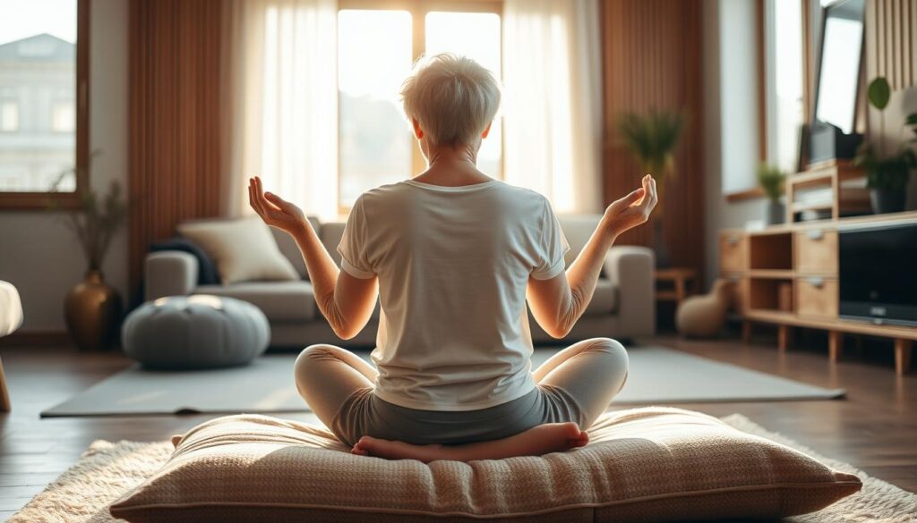 A serene senior woman sitting cross-legged on a plush, textured cushion, her back straight and shoulders relaxed. Her hands rest gently on her knees, palms facing upwards in a meditative posture. Soft natural lighting filters through a large window, casting a warm, soothing glow on her face. The background is a cozy, minimalist living room with wooden accents, creating a sense of tranquility and comfort. The overall atmosphere evokes a feeling of calm, rejuvenation, and gentle movement.