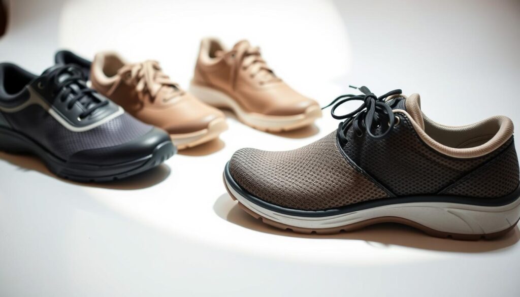 A well-lit, close-up product shot of several different types of supportive, cushioned shoes designed for women with knee arthritis. The shoes are placed on a clean, light-colored surface, allowing the details and materials to be clearly visible. The lighting accentuates the contours and textures of the footwear, showcasing features like extra padding, arch support, and flexible soles. The image has a clean, minimalist aesthetic, with a focus on the shoes themselves to highlight their orthopedic and therapeutic qualities for knee joint pain relief.