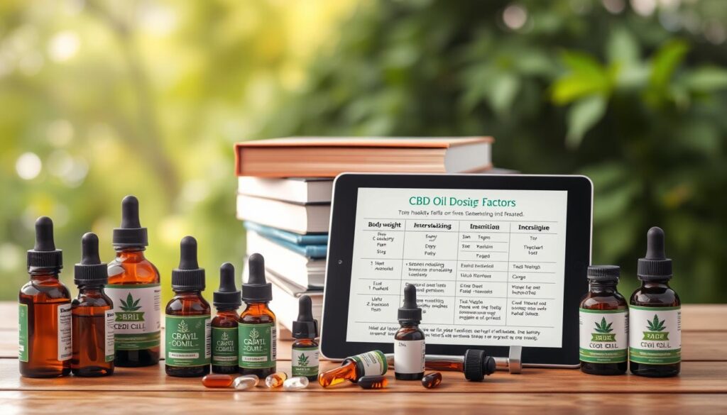 A well-lit, high-resolution photograph of a wooden table with various CBD oil bottles, capsules, and other related products arranged in the foreground. In the middle ground, a stack of medical books and a tablet displaying a chart with detailed information about CBD oil dosage factors such as body weight, metabolism, severity of condition, and individual sensitivity. The background features a blurred, soothing natural landscape with lush greenery and soft lighting, creating a calm and therapeutic atmosphere.
