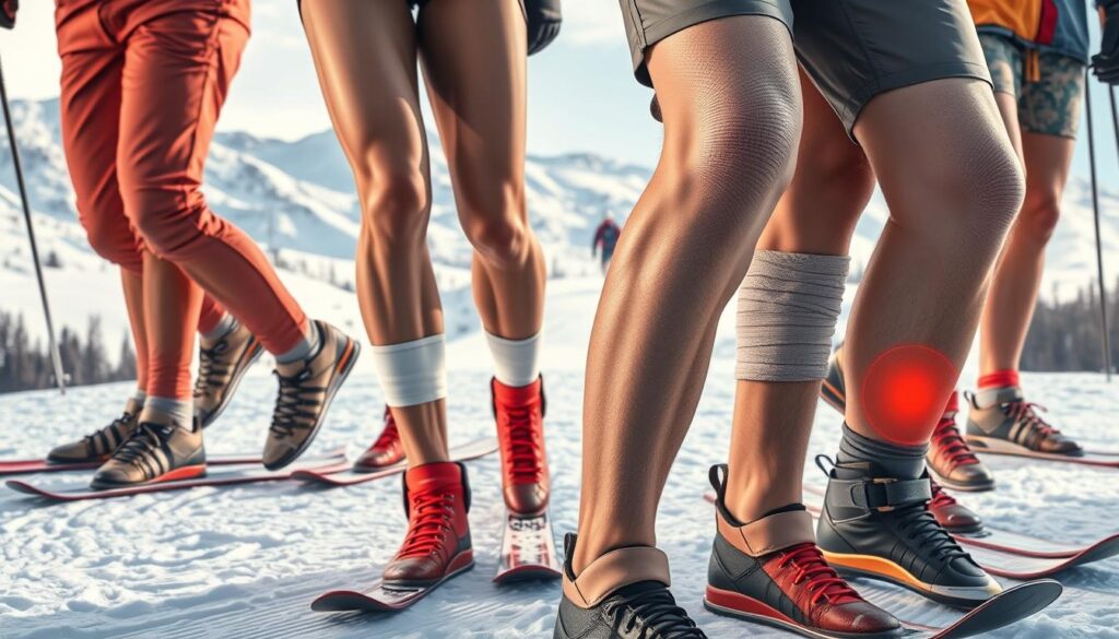 An array of skiers' legs and knees, showcasing various types of knee injuries commonly experienced during the sport. Prominently displayed in the foreground are swollen, bruised, and bandaged knees, captured in a detailed, high-resolution medical illustration style. The middle ground features skiers in dynamic poses, their legs and joints strained from the rigors of the slopes. The background depicts a snowy, mountainous landscape, emphasizing the outdoor setting where these injuries often occur. Soft, directional lighting highlights the textures and contours of the injured knees, creating a sense of clinical examination. The overall tone is informative and educational, conveying the gravity and prevalence of knee issues among avid skiers.
