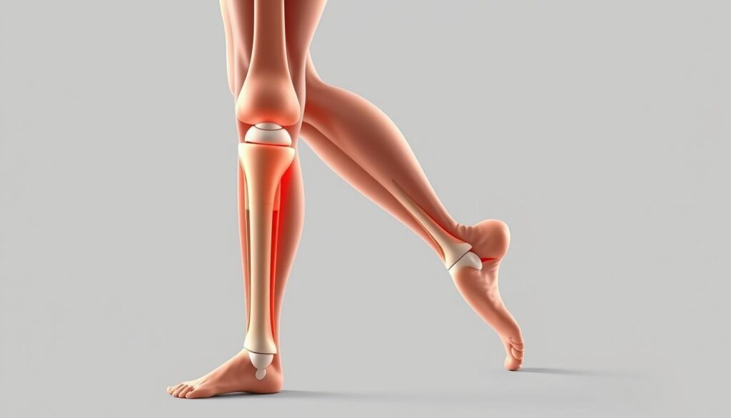 Detailed anatomical illustration of a human knee joint, featuring precise alignment of the femur, patella, and tibia. Depicted in high-resolution, photorealistic style with a clean, clinical aesthetic. Lit from the side to accentuate the contours and structures, using soft, directional lighting. Captured at a neutral, slightly elevated angle to provide a clear, unobstructed view of the knee's mechanics. The background is a plain, neutral backdrop, allowing the subject to be the sole focus. The overall tone is one of informative clarity, designed to effectively convey the essential details of knee hyperextension for a dance-focused medical article.
