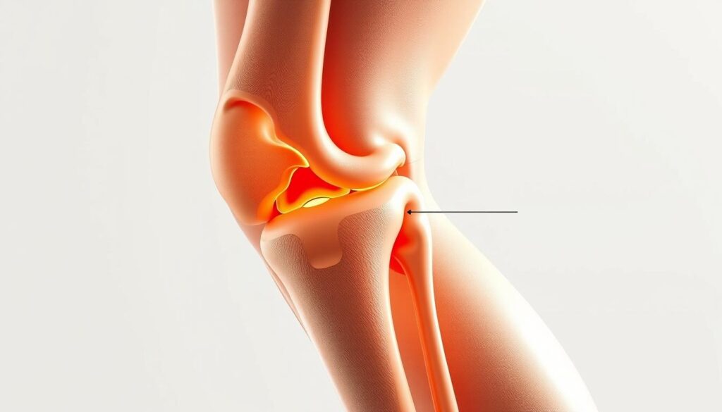 Detailed cross-section of a human knee joint during ovulation, showcasing increased laxity and instability in the knee ligaments and tendons. Soft, natural lighting illuminates the intricate anatomy, with a crisp, high-resolution rendering that emphasizes the subtle changes in joint structure. The image should convey a sense of medical investigation, with a clean, informative aesthetic suitable for an educational article on knee pain during ovulation.