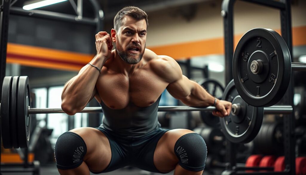 Generate an image of 2Pood Knee Sleeves on a powerlifter during a squat.