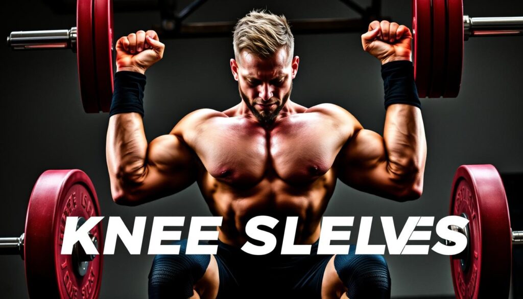 Generate an image of Cerberus Competition Knee Sleeves being worn by a powerlifter.