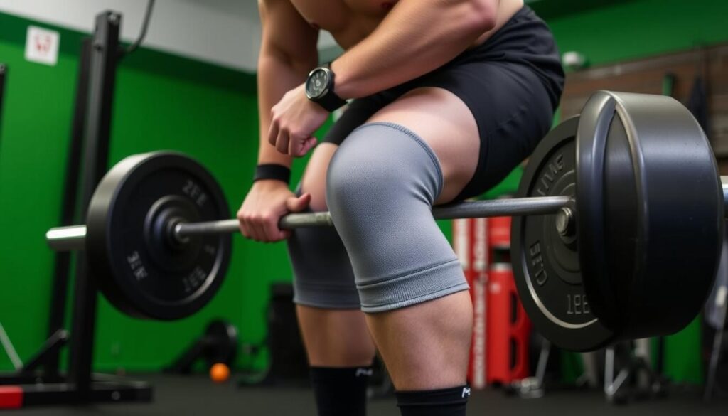 Generate an image of Element 26 6mm Knee Sleeves on a powerlifter's knees.