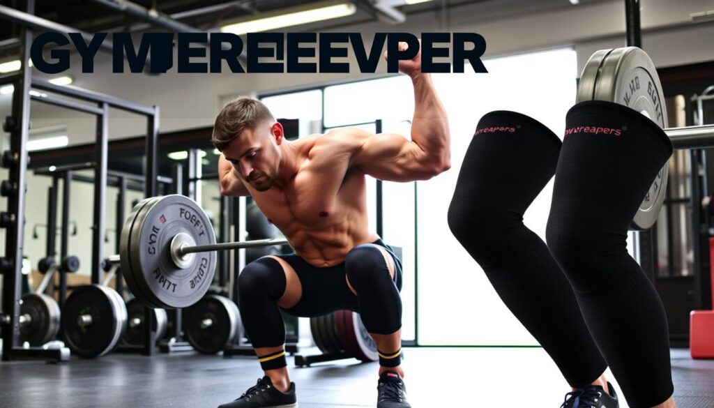 Generate an image of Gymreapers 7mm Knee Sleeves being worn by a powerlifter.