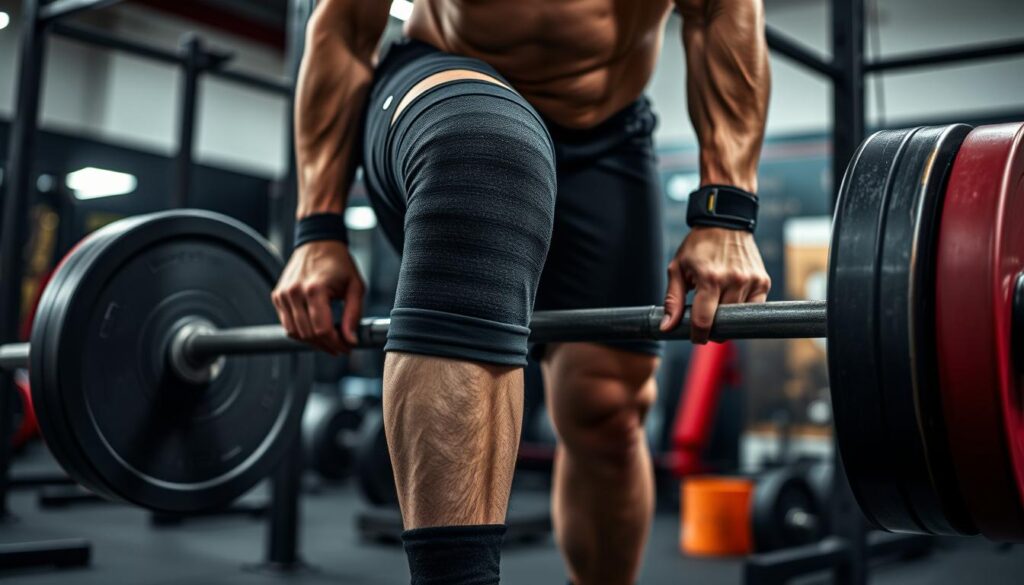 Generate an image of Hookgrip Knee Sleeves 2.0 being worn by a powerlifter during a lift.