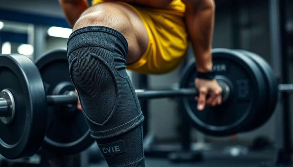 Generate an image of Inzer Iron Z Knee Sleeves on a powerlifter's knees.