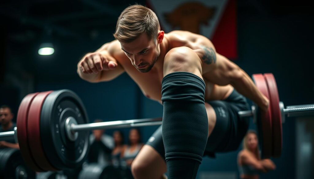 Generate an image of Iron Bull Strength 7mm Knee Sleeves being used by a powerlifter during a competition.