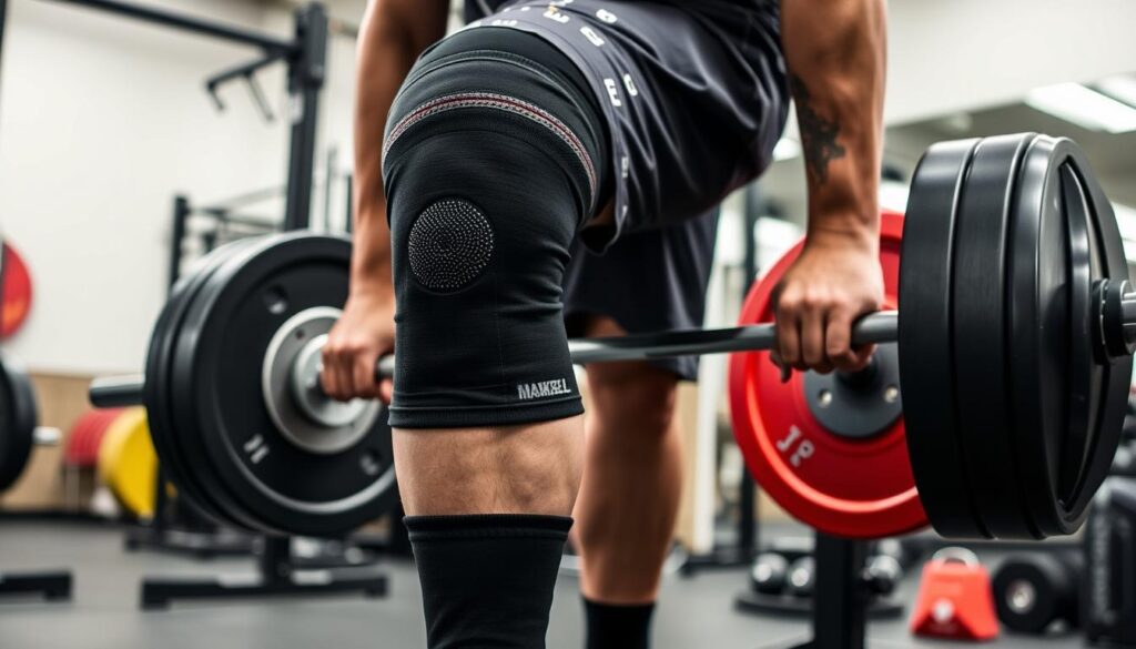 Generate an image of Mark Bell Slingshot STrong Knee Sleeves on a powerlifter.