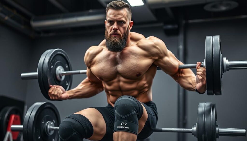 Generate an image of Mava Sports Knee Sleeves on a powerlifter.