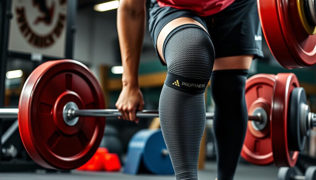 Generate an image of ProFitness Knee Sleeves being used by a powerlifter.