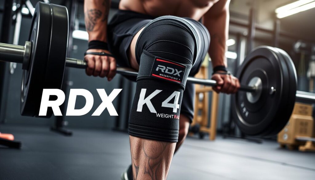 Generate an image of RDX K4 Weightlifting Knee Wraps being used by a weightlifter.