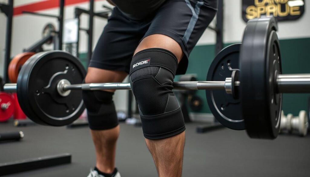 Generate an image of Rogue 7mm Knee Sleeves on a powerlifter's knees during a heavy lift.