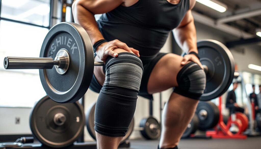 Generate an image of Schiek 7mm Knee Sleeves on a powerlifter during a squat.