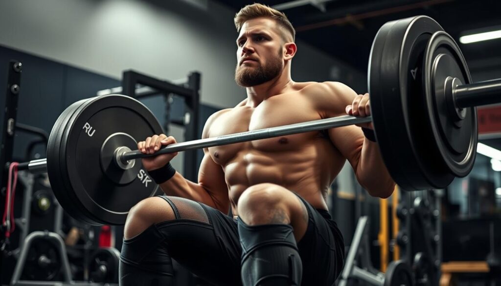 Generate an image of Slingshot STrong Knee Sleeves being used by a powerlifter.