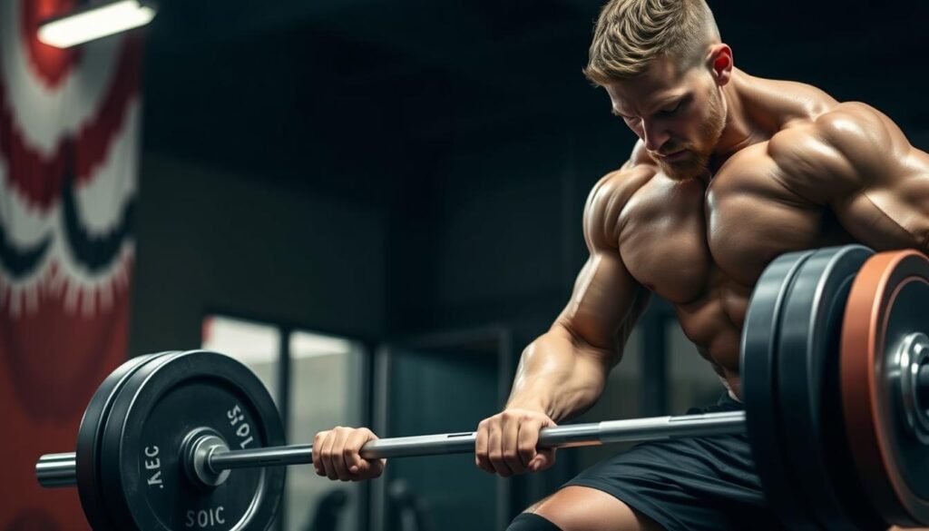 Generate an image of Stoic Knee Sleeves on a powerlifter during a heavy lift.