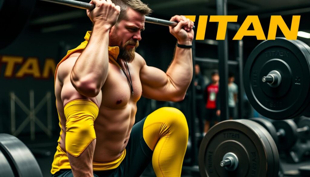 Generate an image of Titan Yellow Jacket Knee Sleeves being worn by a powerlifter.
