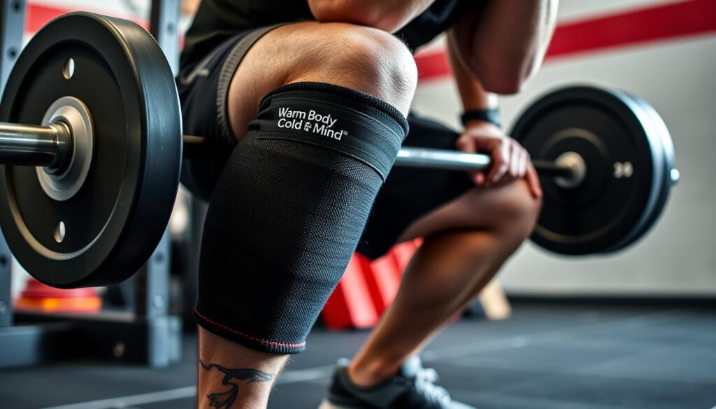 Generate an image of Warm Body Cold Mind Weightlifting Knee Sleeves being worn by a powerlifter during a squat.