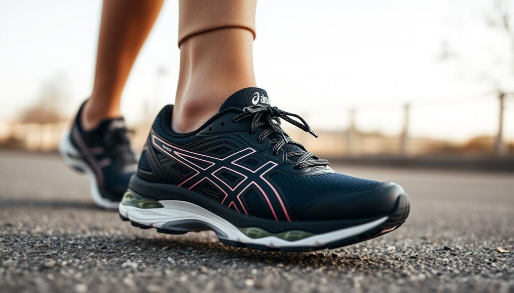 Generate an image of a woman wearing Asics Gel-Kayano 31 shoes, engaging in a daily activity like walking or jogging.