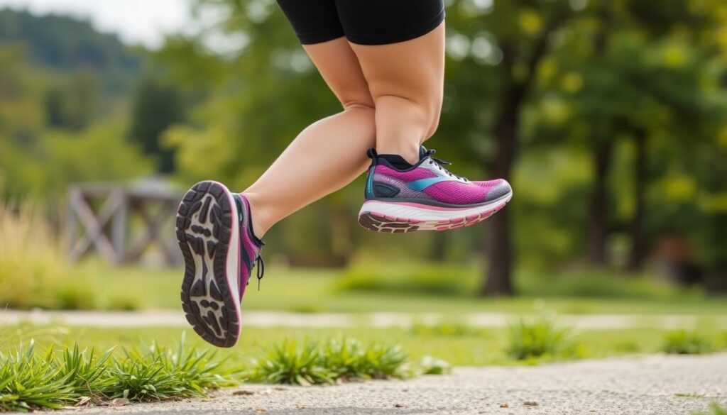 Generate an image of a woman wearing Brooks Adrenaline GTS 23 shoes, engaging in a physical activity like running or walking.