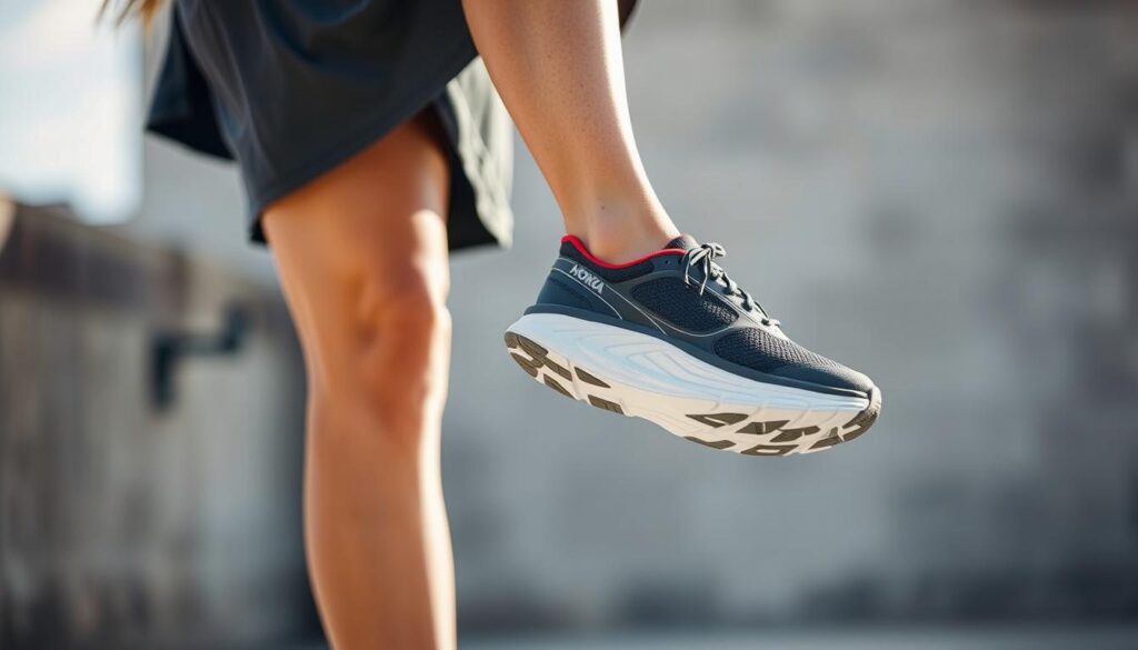 Generate an image of a woman wearing Hoka Bondi 8 shoes, with a subtle background that highlights the shoe's cushioning feature.